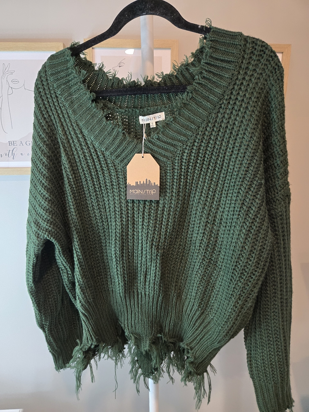 NWT Main Strip Olive Green Distressed V-Neck Chunky Sweater